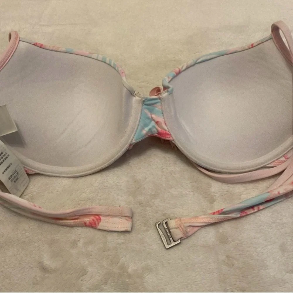 Hollister Light Blue & Pink Floral Halter Bikini Top with Center Bow